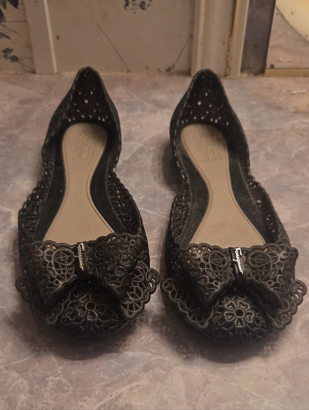 Salvatore Ferragamo Black Lace Bow  Flats